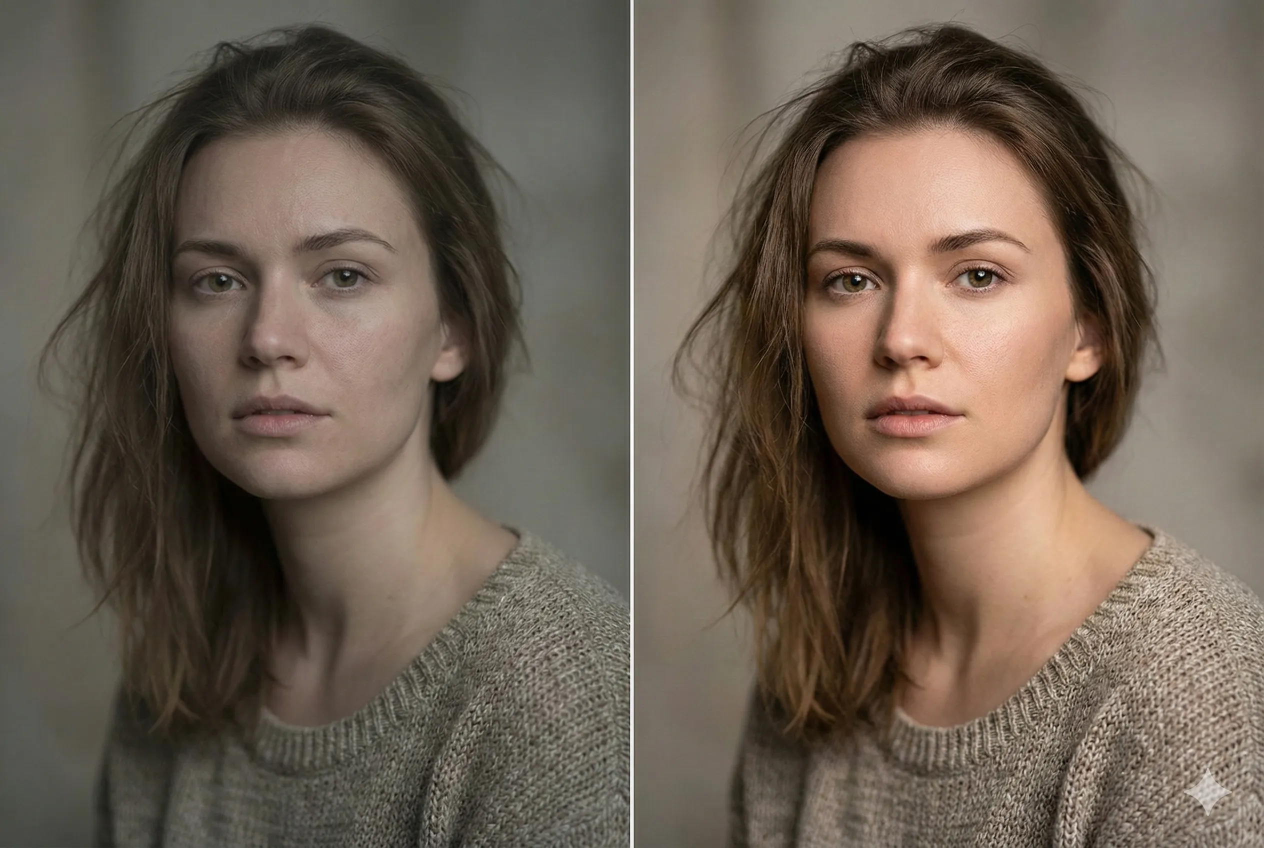 Before and after: dull, soft photo on the left; bright, sharp result on the right. AI image editor.