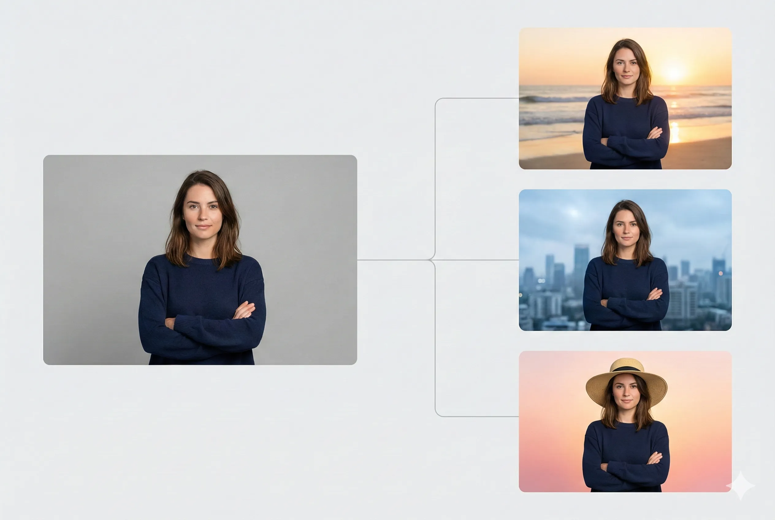 One photo, many results—new backgrounds and elements from a single upload. AI image editor.