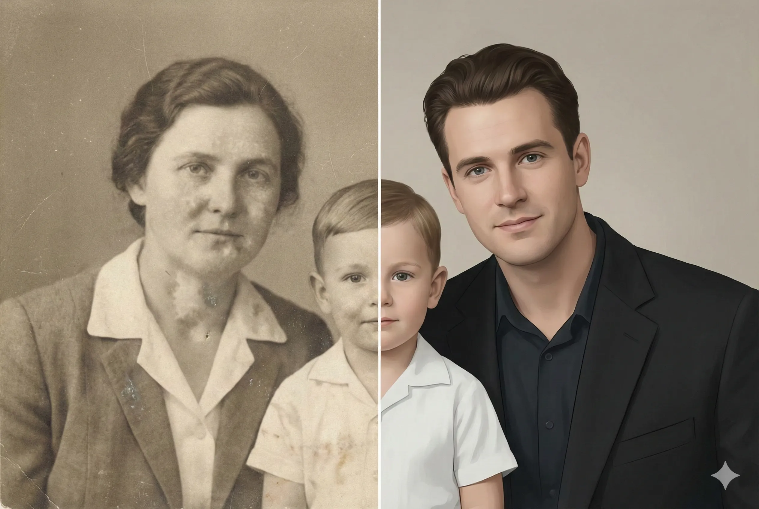 Faded photo restored to clear, natural look—before and after. AI image editor.