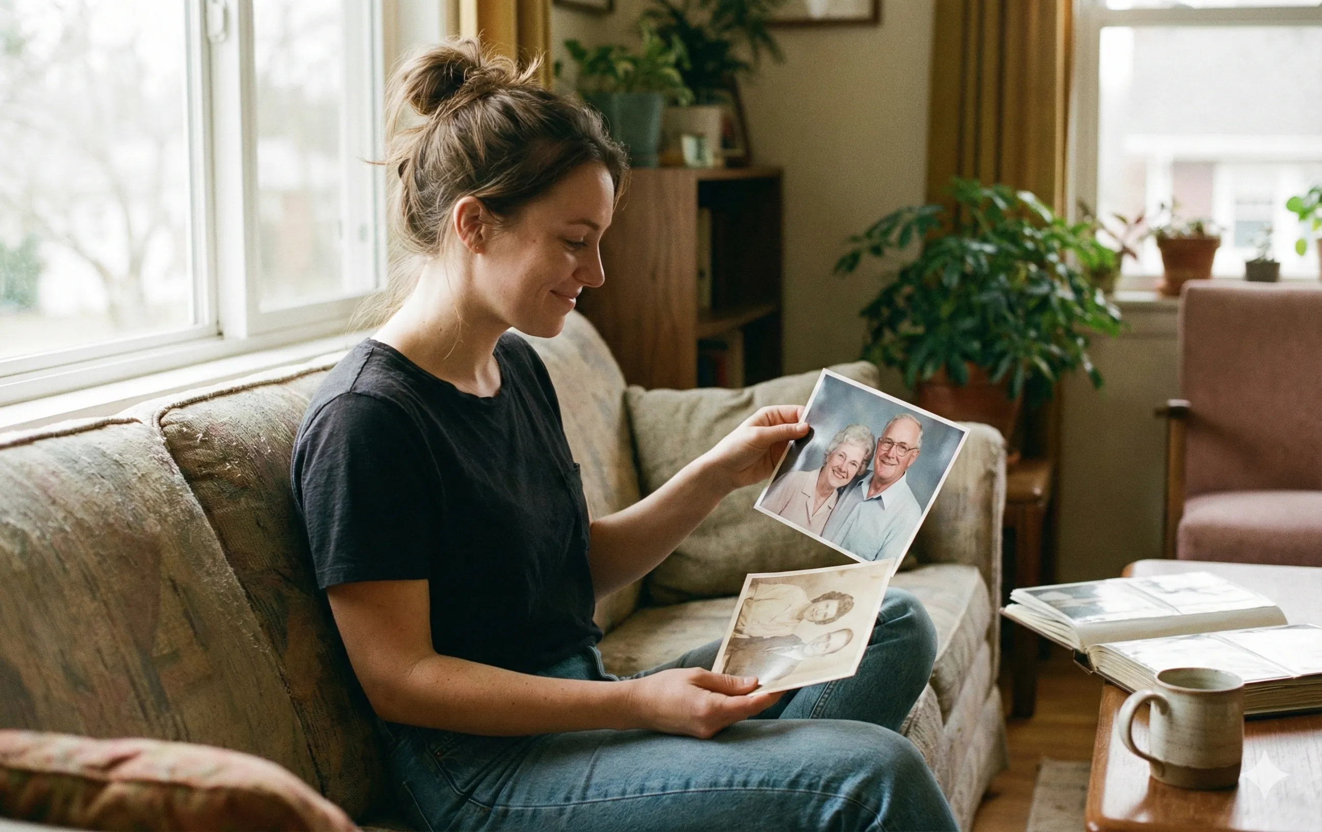 Hobbyist with restored or enhanced photo in personal space. AI image editor for personal use.