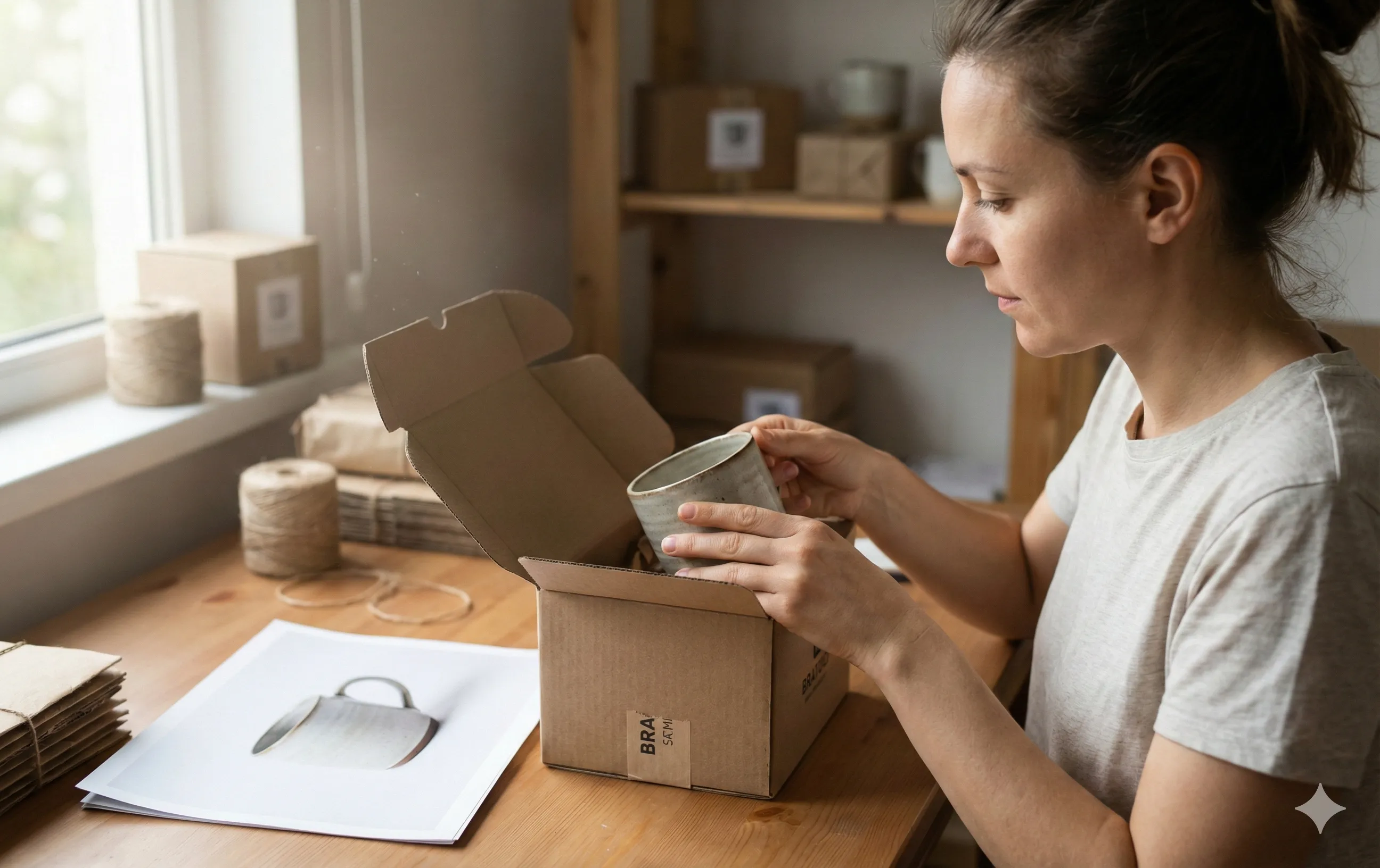 Young seller in work space with product photos. AI image editor for Shopify and marketplace listings.