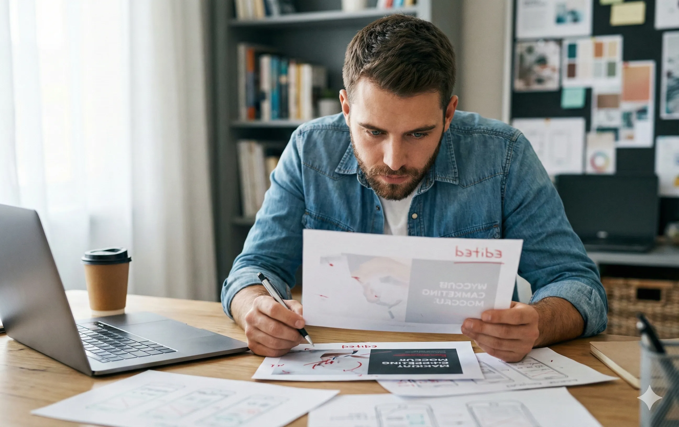 Freelancer in work space with marketing visual. AI image editor for small business and freelancers.