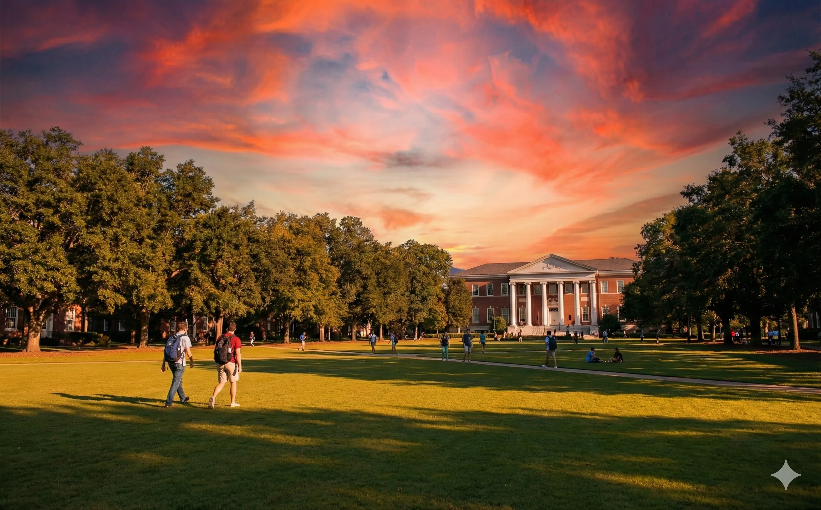 The same campus lawn with a golden sunset sky