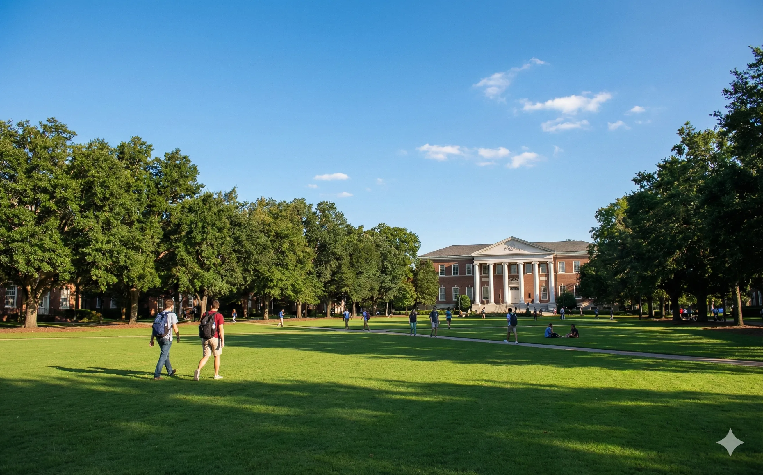 Campus lawn under a plain blue sky