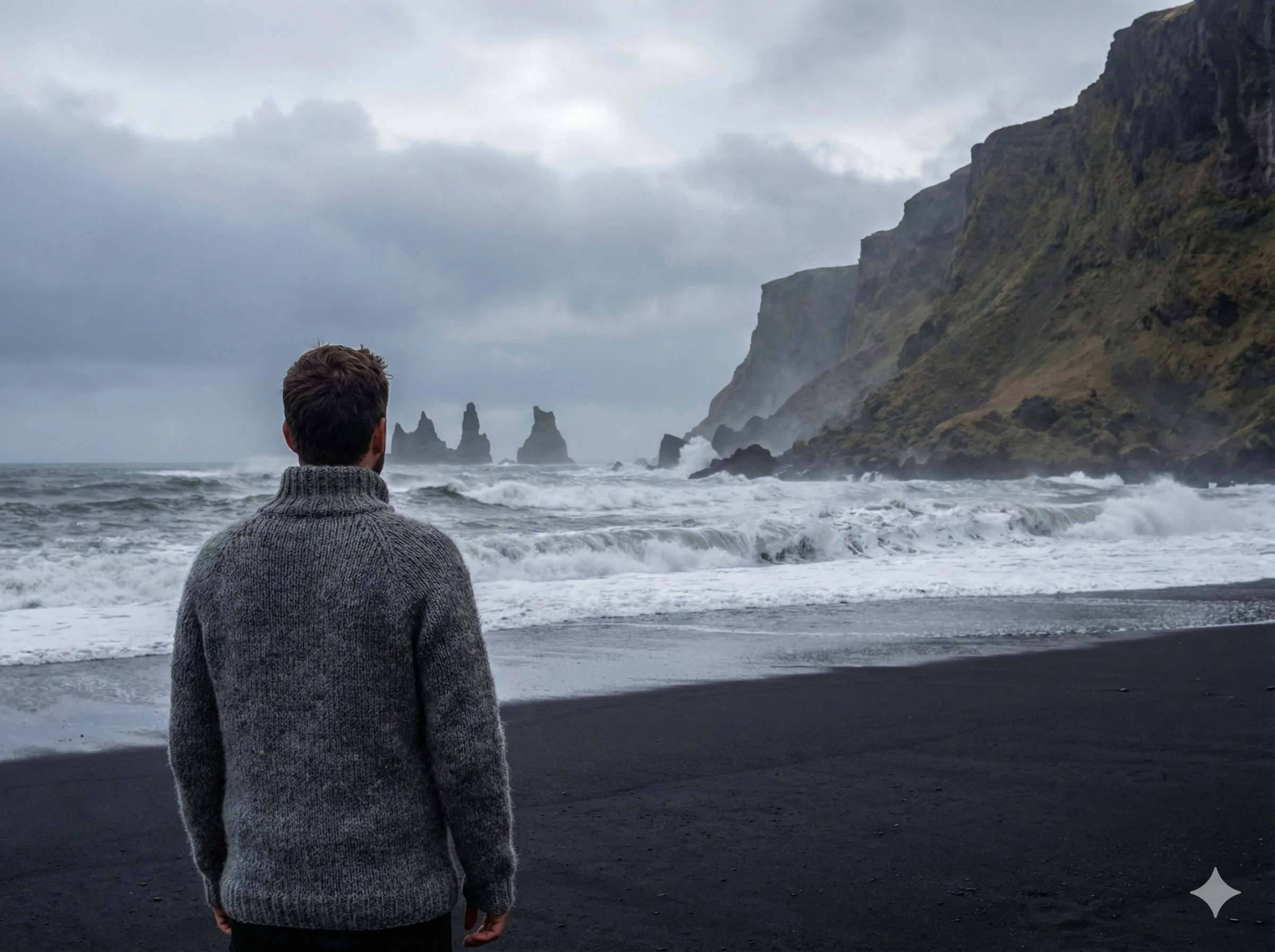 Sharp photo of a man on a black sand beach